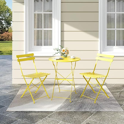Bistro Table and Chairs Set of 2, 3 Piece Outdoor/Indoor Folding Patio Bistro Sets, 2 Chair Patio Furniture Set with Table, Premium Frame Foldable Coffee Tables for Balcony, Yard, Garden, Yellow