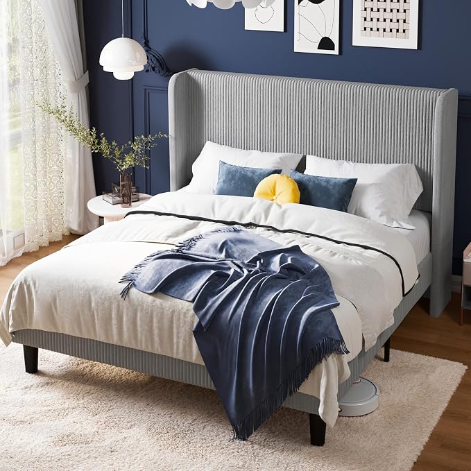 Allewie Queen Size Bed Frame with Upholstered Wingback Headboard, Vertical Channel Tufted Corduroy Velvet Platform Bed, Strong Wooden Slats Support, No Box Spring Needed, Easy Assembly, Light Grey