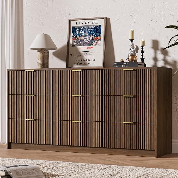 MAISONARIA 3-Piece Dresser Bedroom Set, 9 Drawer Dresser & 2 Drawer Nightstands with Gold Handles, Fluted Wood Chest of Drawers for Bedroom, Living Room, Entryway, Walnut
