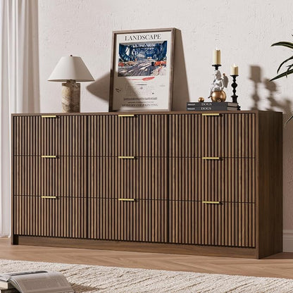 MAISONARIA 3-Piece Dresser Bedroom Set, 9 Drawer Dresser & 2 Drawer Nightstands with Gold Handles, Fluted Wood Chest of Drawers for Bedroom, Living Room, Entryway, Walnut