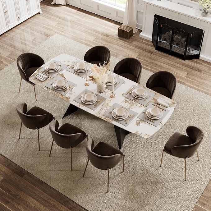 Honyee Extendable Dining Table with Leaf, 65 to 95 Inch Rectangular Sintered Stone, Modern Large Dining Room Table Seats 6 8 10 12, Metal Base, Marble Look for Family Gatherings