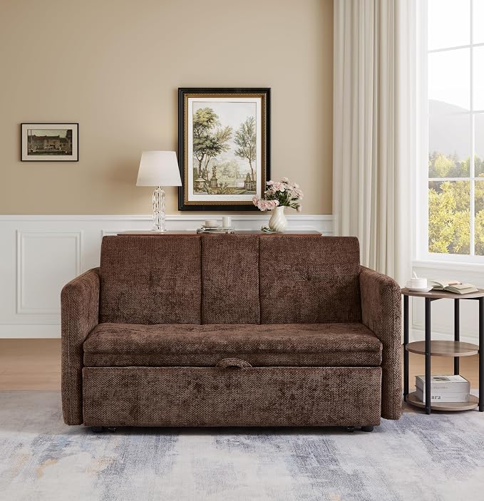 57.48" Convertible Sofa Bed with Cup Holder, Pull Out Sleeper Sofa Bed with USB Charging Ports, 3 in 1 Convertible Sleeper Sofa Bed for Living Room, Apartment, Bedroom, RV, Brown