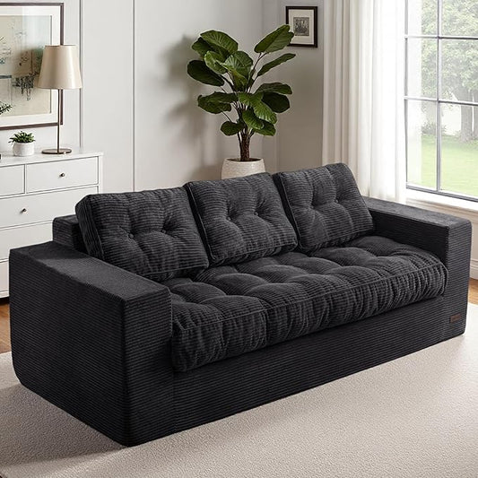 MAXYOYO Oversized Loveseat Sofa Couch, Upholstered Bean Bag Chair Cloud 3-Seat for Adults, Boneless Couch with Tufted Cushion & Pillows, Sofa in A Box, No Assembly Required, Black