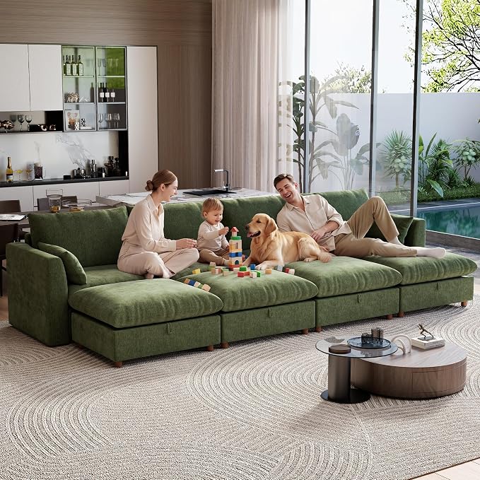 Ihanherry 152" Oversized Modular Sectional Sofa, Modern Cloud Couch with 4 Storage Ottoman, 8-Seat Comfy Chenille Deep Seat Sofa with 2 Pillows for Living Room, Green