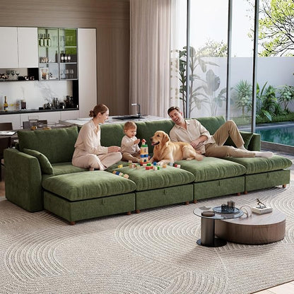 Ihanherry 152" Oversized Modular Sectional Sofa, Modern Cloud Couch with 4 Storage Ottoman, 8-Seat Comfy Chenille Deep Seat Sofa with 2 Pillows for Living Room, Green