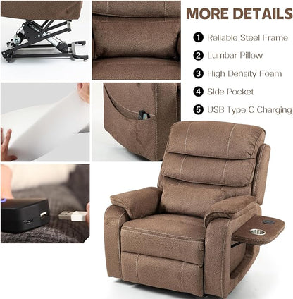 JIKFRIMA Power Lift Recliners Chairs for Elderly Adults Lay Flat Recliner with Heat & Massage, Wireless Charging Device, USB Ports, Cup Holder, Lumbar Pillow, 400Lbs (Grainy Fibric,Caramel Brown)