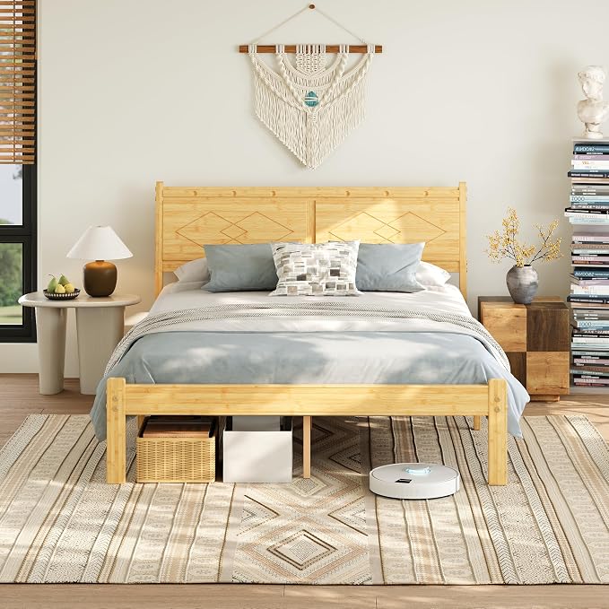 RLDVAY Bamboo Full Size Bed Frame, Platform Bamboo Wood Bed with Tall Headboard, No Box Spring Needed, Heavy Duty Metal Slats, Easy Assembly, Noise Free, 14 Inch Bed Frame Full