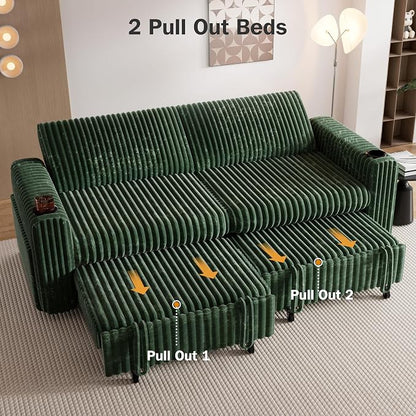Sunny Heart 91" Plush Corduroy L Shaped Sectional Sleeper Sofa Bed with Pull Out Bed, Reclining Backrest, Reversible Storage Chaise, USB Ports, Cup Holders, Tool Free Assembly,Forest Green