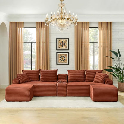 127" U-Shaped Cloud Sectional Couch Oversized Modular Compressed Boneless Sectional Sofa with Ottoman Chaise Lounges & Console, Plush Corduroy Boneless Symmetrical Sofa