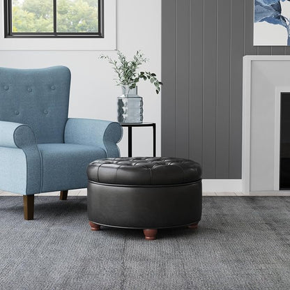 HomePop 25" Button Tufted Round Storage Ottoman - Black Faux Leather