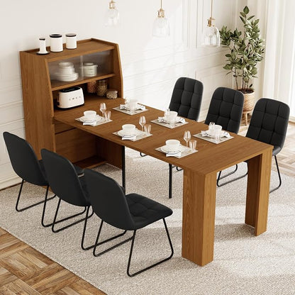 HIPIHOM Dining Table Set for 6, Extendable 86.6" with Storage | Space-saving MDF Kitchen Table with 6 Upholstered U-shaped Black Chairs, Ideal for Apartment, Living Room
