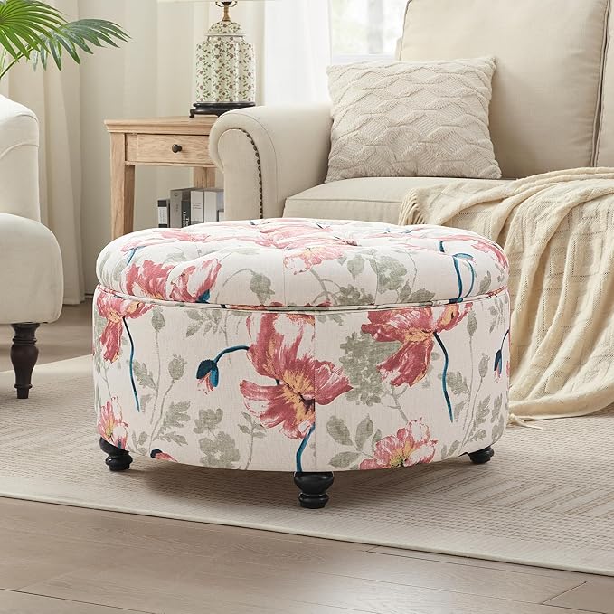 HUIMO 30-Inch Round Storage Ottoman, Modern Button Tufted Ottoman Coffee Table with Removable Top for Living Room, Bedroom and Office(Red Flower)