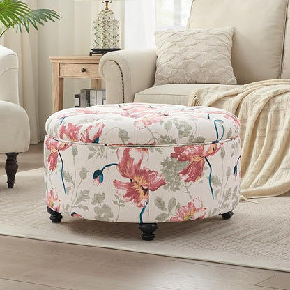 HUIMO 30-Inch Round Storage Ottoman, Modern Button Tufted Ottoman Coffee Table with Removable Top for Living Room, Bedroom and Office(Red Flower)