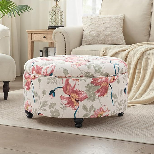 HUIMO 30-Inch Round Storage Ottoman, Modern Button Tufted Ottoman Coffee Table with Removable Top for Living Room, Bedroom and Office(Red Flower)