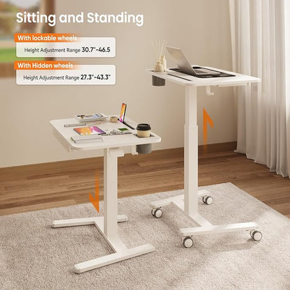 Monomi Mobile Standing Desk with Drawer, 28" Rolling Desk with Cup Holder and Hooks, Portable Laptop Cart on Wheels, Height Adjustable Workstation with Storage for Home Office, White Furniture