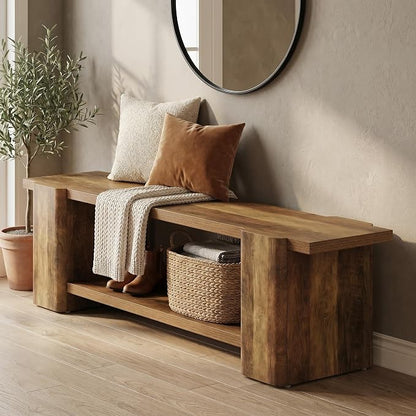 LITTLE TREE Entryway Bench, 63" Long Bench with Storage Shelf, Farmhouse End of Bed Bench, Bench for Bedroom, Dining Room, Living Room, Entryway, Hallway, Reinforced Legs, Brown