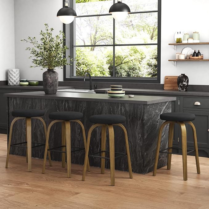 Bar Stools Set of 2, Counter Height Backless Bar Stools, 30" Swivel Barstools Kitchen Chair with Upholstered Fabric Seat, Black