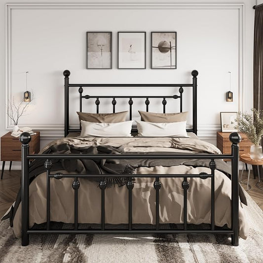 SHA CERLIN 14" Full Size Metal Platform Bed Frame/Victorian Headboard and Footboard/Steel Slats Mattress Foundation for Storage/No Box Spring Needed/Noise Free/Black