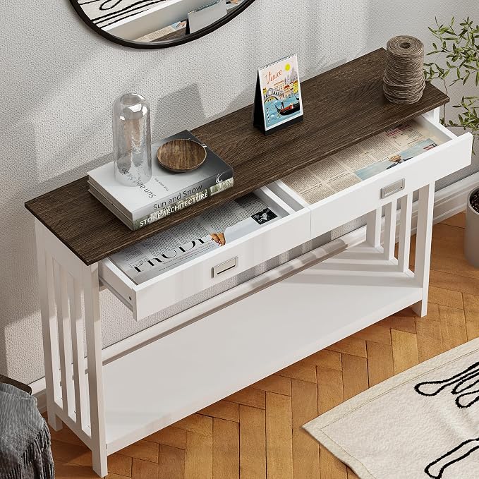 ChooChoo 47" Farmhouse Entryway Table with Drawer, Narrow Console Table with Storage Shelf, Sofa Table for Living Room, Entryway, and Hallway, White and Brown