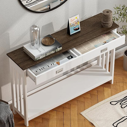 ChooChoo 47" Farmhouse Entryway Table with Drawer, Narrow Console Table with Storage Shelf, Sofa Table for Living Room, Entryway, and Hallway, White and Brown