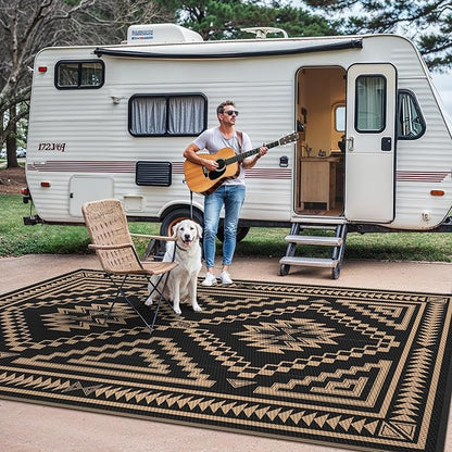 GENIMO Outdoor Rug for Patio Clearance - 5x8 ft Waterproof Plastic Camping Rugs, Reversible Outside Rv Mat Carpet for Porch, Deck, Picnic, Balcony, Beach, Backyard, Black Brown