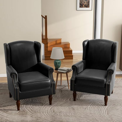 Faux Leather High Back Accent Chairs Set of 2, Upholstered Armchair for Living Room, Retro Wingback Arm Chair Nailhead Trim Single Sofa Bedroom Reading Seat with Solid Wood Legs - Black