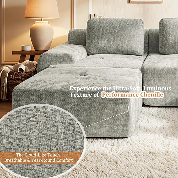 159" Oversized Boneless Couch, Comfort Cloud Sectional Couches for Living Room, Modular Sofa High Back & Extra Deep Seat, No Assembly, Soft Chenille Fabric (Light Grey, 159 inch-（4+4）)