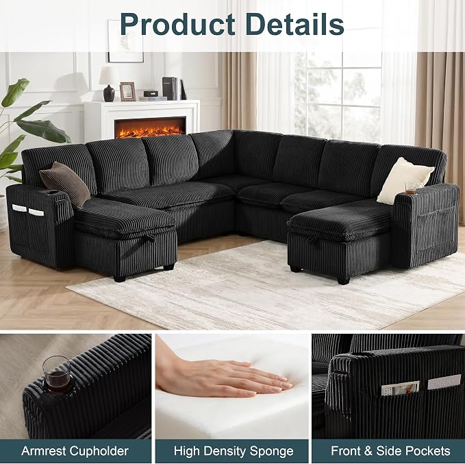 Oversized Sectional Sleeper Sofa with Pull Out Bed, Plush Corduroy 9 Seat Modular Sofa with Storage Chaise and Adjustable Backrest, Cloud Couches for Living Room, Apartment, Black