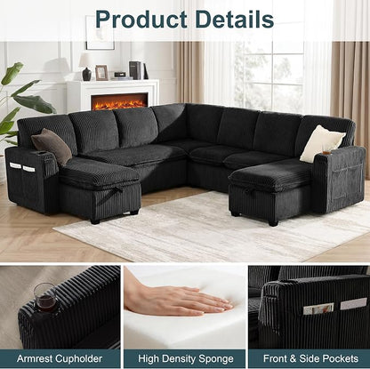 Oversized Sectional Sleeper Sofa with Pull Out Bed, Plush Corduroy 9 Seat Modular Sofa with Storage Chaise and Adjustable Backrest, Cloud Couches for Living Room, Apartment, Black