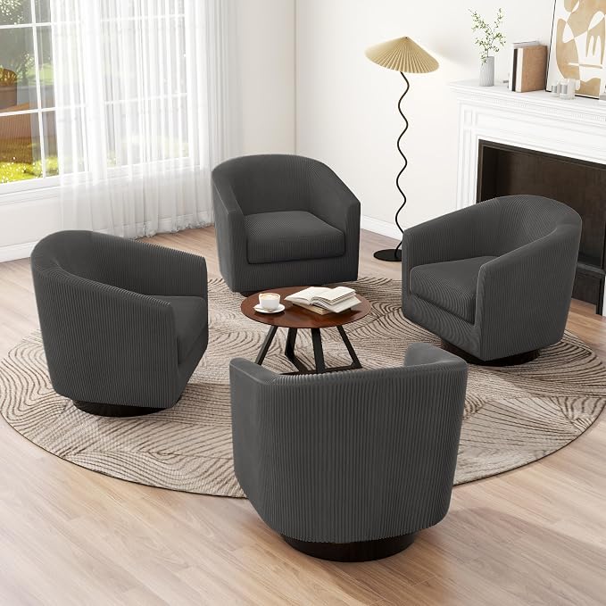 Swivel Accent Chair, Upholstered Corduroy Barrel Chair for Living Room, Small Single Sofa Bedroom Reading Seat, Set of 4, Gray