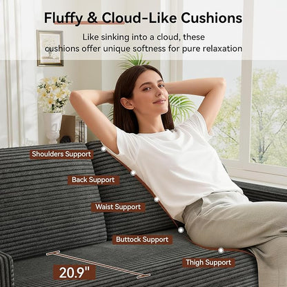 Vipbear 65.4" Loveseat Sofa,Mid-Century Modern Small Couches for Living Room, Bedroom, Office,Comfy Grey Corduroy Couch with Spring Cushion, Solid Wood Frame, Tool-Free Assembly