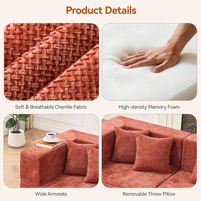 MONVANE 103'' Modular Sectional Sofa, Cloud Sectional Couch with Ottoman, Convertible Chenille L Shaped Couch with Deep Seat, Sectional Couches for Living Room Bedroom, No Assembly Required, Rust Red