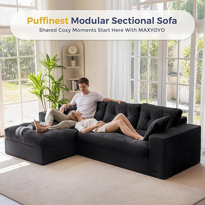MAXYOYO 104" L Shaped Modular Sectional Sofa with Ottoman, Cloud Boneless Couch with Layered Cushion, Upholstered Sofa Flexible Module Combination for Living Room, No Assembly, Black
