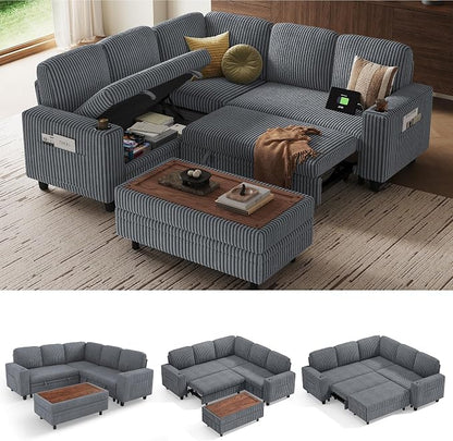LINSY HOME Sectional Sleeper Sofa with Pull Out Couch Bed for Living Room (Grey) | Plush Corduroy
