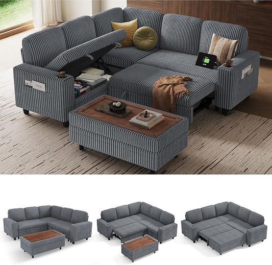 LINSY HOME Sectional Sleeper Sofa with Pull Out Couch Bed for Living Room (Grey) | Plush Corduroy