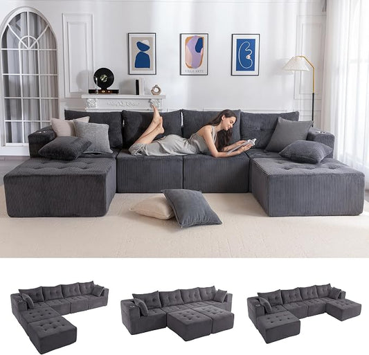 MAXYOYO 129.5" Modular Sectional Sofa Couch, U Shaped Modern Cloud Couch with 2 Ottomans, Sofa in A Box, Tufted 6-Seat Boneless Chair for Living Room, No Assembly Required, Grey