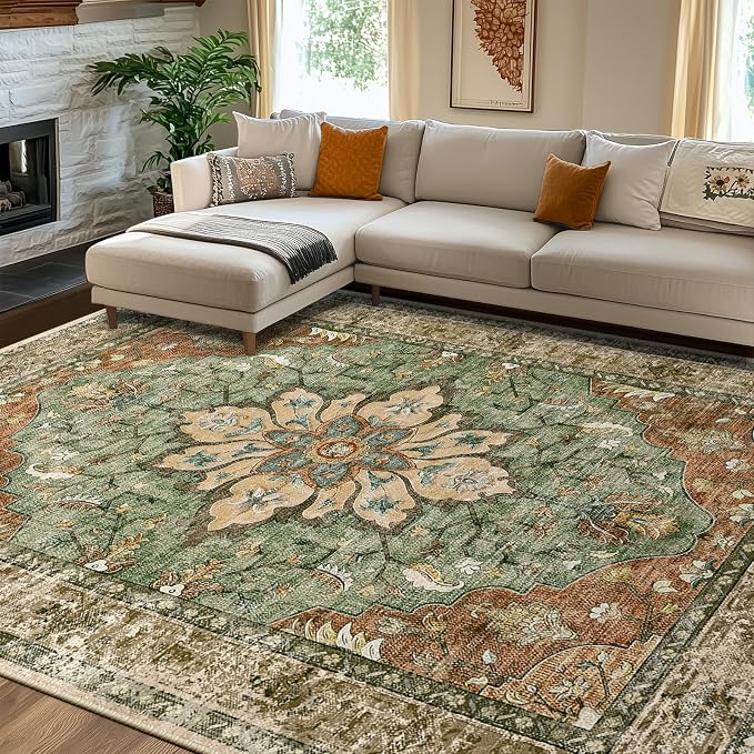 RELEANY Area Rugs 7'x10' Washable Non-Slip, Floral Vintage Distress Medallion Carpet for Living Room Bedroom Dining Room, Terracotta Burnt Orange Green