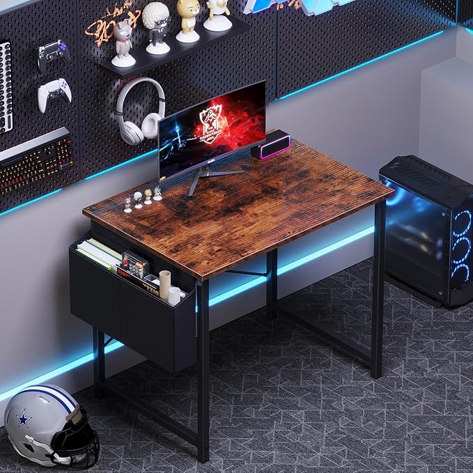 OLIXIS Small Computer Desk, 31 Inch Home Office Desks, Writing Study Craft Work Gaming Table, Computer Workstation for Bedroom Small Spaces with Storage Bag, Rustic Brown
