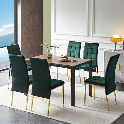 NORDICANA Upholstered Velvet Dining Chairs for 6, Classic High Back Kitchen Chairs Set of 6, Tufted Side Chairs, Golden Color Metal Legs, Forest Green