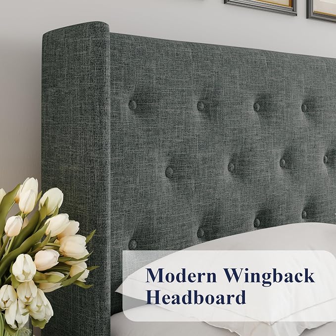 Allewie Queen Size Lift Up Storage Bed, Button Tufted Headboard with Wingback, Hydraulic Support, No Box Spring Needed, Dark Grey