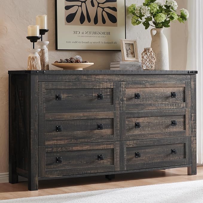 T4TREAM 54" Wide Farmhouse 6-Drawer Dresser for Bedroom, Dark Rustic Oak | Rustic, Wood Storage Cabinet, Metal Handle, Unique Corner Accent, Bedroom, Living Room, Hallway