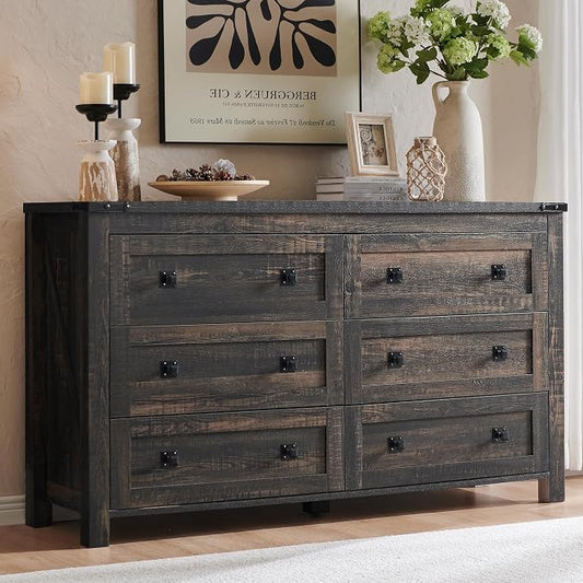 T4TREAM 54" Wide Farmhouse 6-Drawer Dresser for Bedroom, Dark Rustic Oak | Rustic, Wood Storage Cabinet, Metal Handle, Unique Corner Accent, Bedroom, Living Room, Hallway