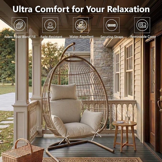 Egg Chair Cushion with 8 Securing Straps, Water-Repellent & Fade-Resistant Faux Linen, Removable Cover, Replacement Cushion for Most Single Outdoor Hanging Swing Egg Chairs – Beige