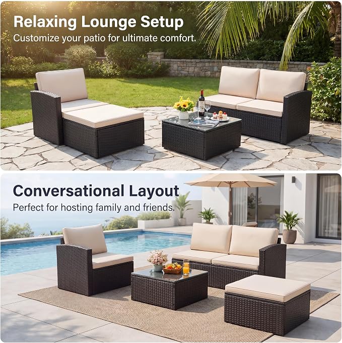 Devoko Patio Sofa,Outdoor Furniture Set 4 Pieces,Wicker Sectional Couch with Glass Desktop and 75.9in Wide Backrest for Backyard, Deck,Porch & Poolside(Black)