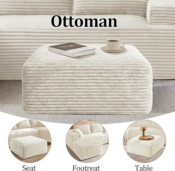 Corduroy Ottoman, Modern Boneless Cloud Foot Rest Foam Support, Oversized Modular Sectional Sofa Stool for Living Room, Bedroom & Small Spaces, No Assembly Required(Beige, Ottoman)