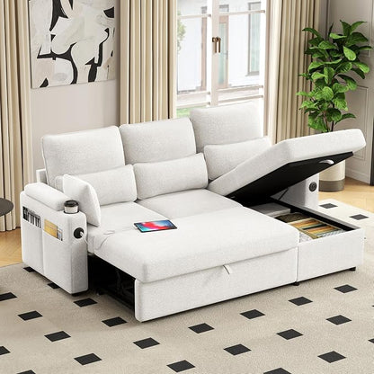 81" L-Shaped Sectional Sofa Couch, Pull-Out Sleeper Sofa Bed with Storage Chaise, Double Cup Holders, Dual USB Charging Ports, Couches for Living Room Apartment