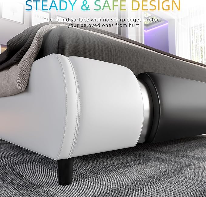 Keyluv Modern Queen Size Bed Frame with Mirror Metal Decoration, Faux Leather Upholstered Platform Bed with Curved Headboard, Wooden Slats Support, No Box Spring Needed, WhiteBlack