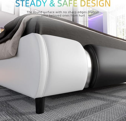 Keyluv Modern Queen Size Bed Frame with Mirror Metal Decoration, Faux Leather Upholstered Platform Bed with Curved Headboard, Wooden Slats Support, No Box Spring Needed, WhiteBlack