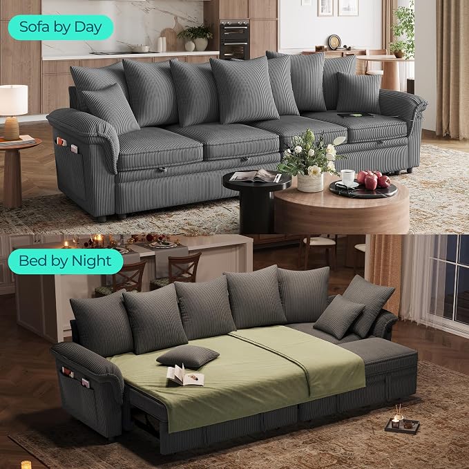 LINSY HOME Oversized Sectional Sleeper Sofa with Pull Out Couch Bed (Gray, 110.5'') | USB Charging