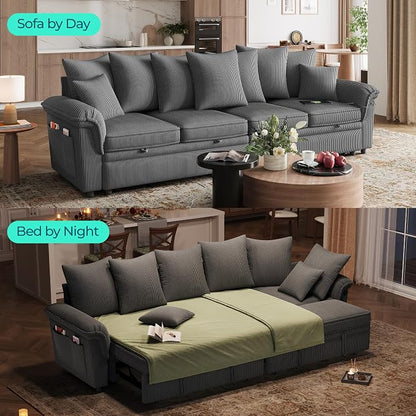 LINSY HOME Oversized Sectional Sleeper Sofa with Pull Out Couch Bed (Gray, 110.5'') | USB Charging